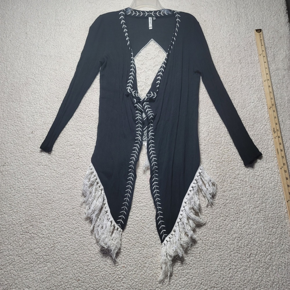 Leshop Black Boho Cardigan Lace Back Fringe Trim Embroidered Open Front Medium